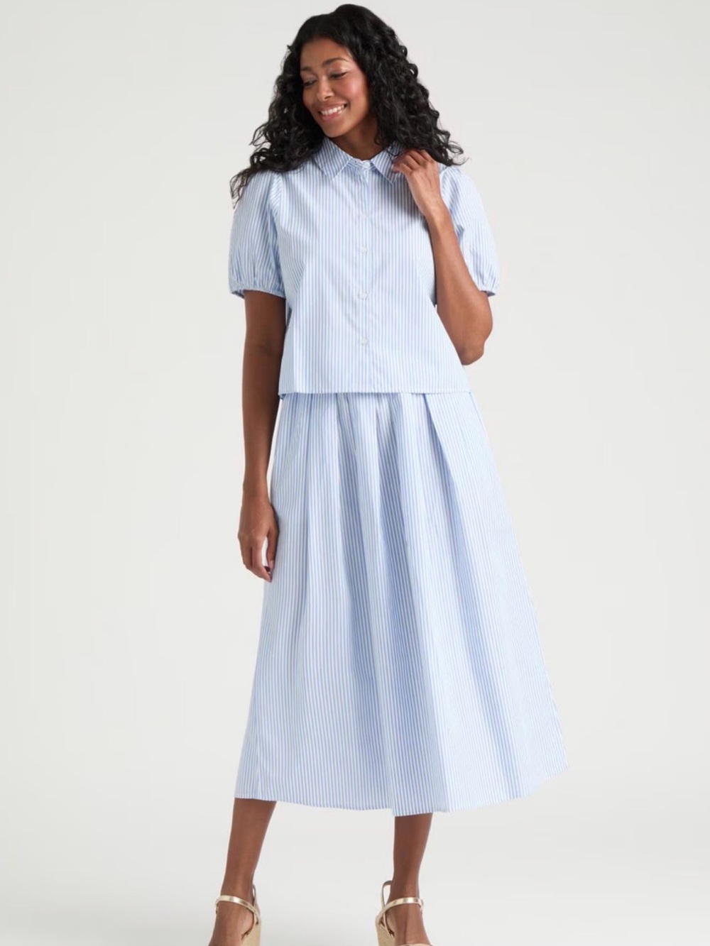 Light Blue White Pleated Midi Skirt - Classic Women's Skirt